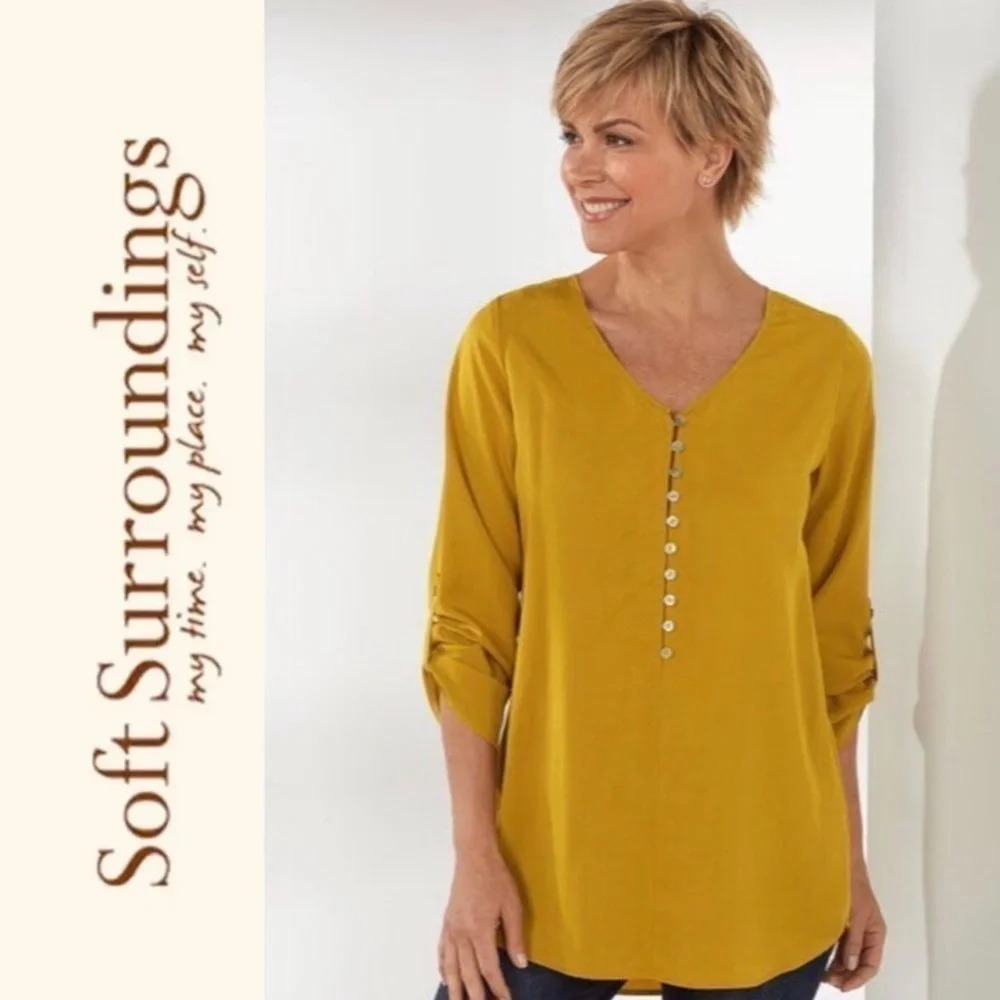 Soft Surroundings | Sardinia 100% Tencel Top Roll Tab Sleeve V Neck EUC